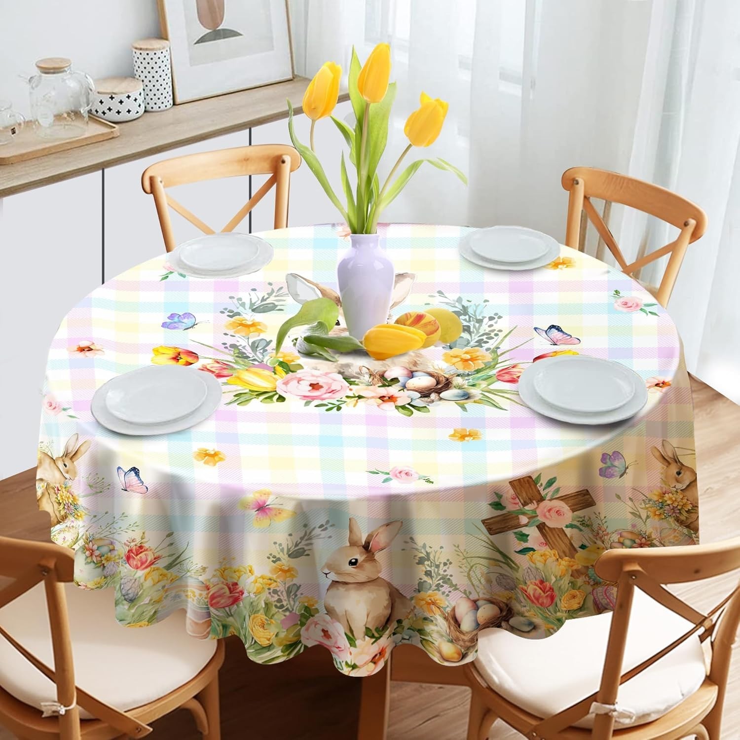 Easter Tablecloth, Easter Table Cloth Rectangle 60 X 84 with Bunny and Eggs, Buf