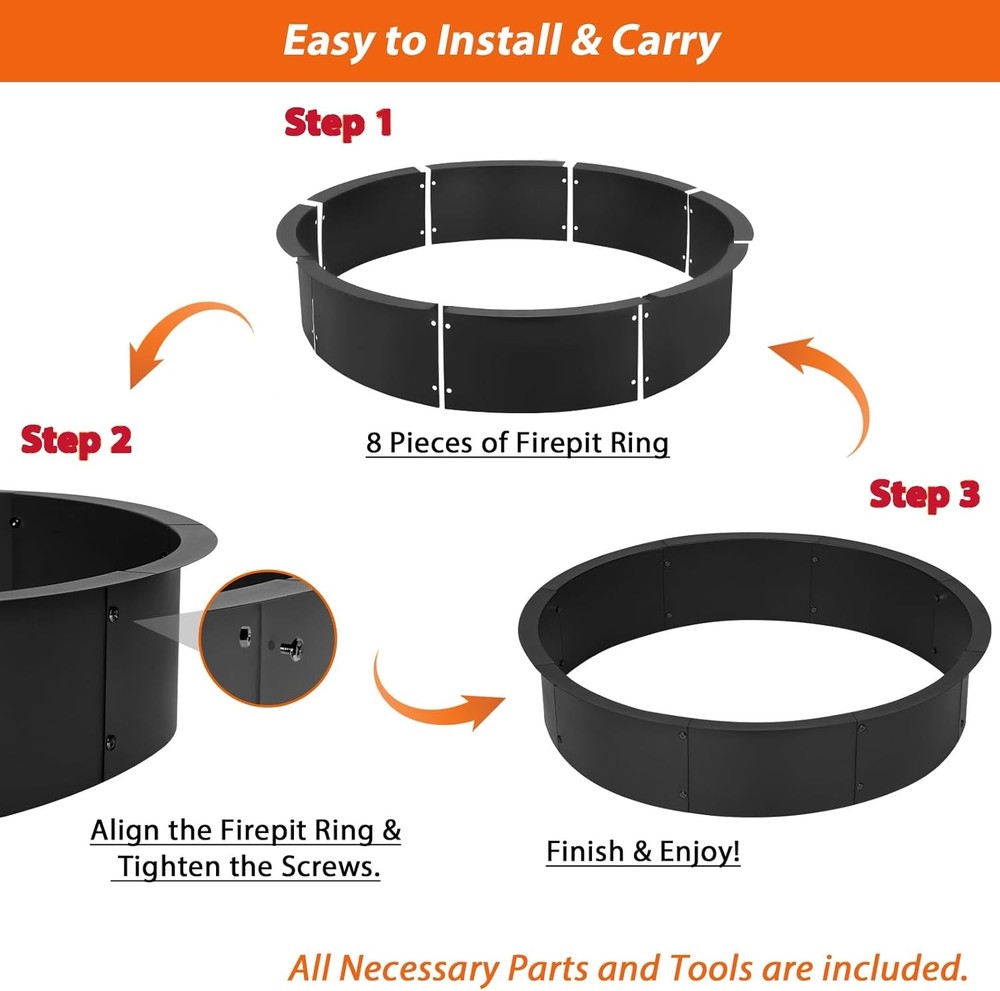 36" Fire Pit Ring Insert, YAHKBTEN Smokeless Heavy Duty Steel Fire Pit