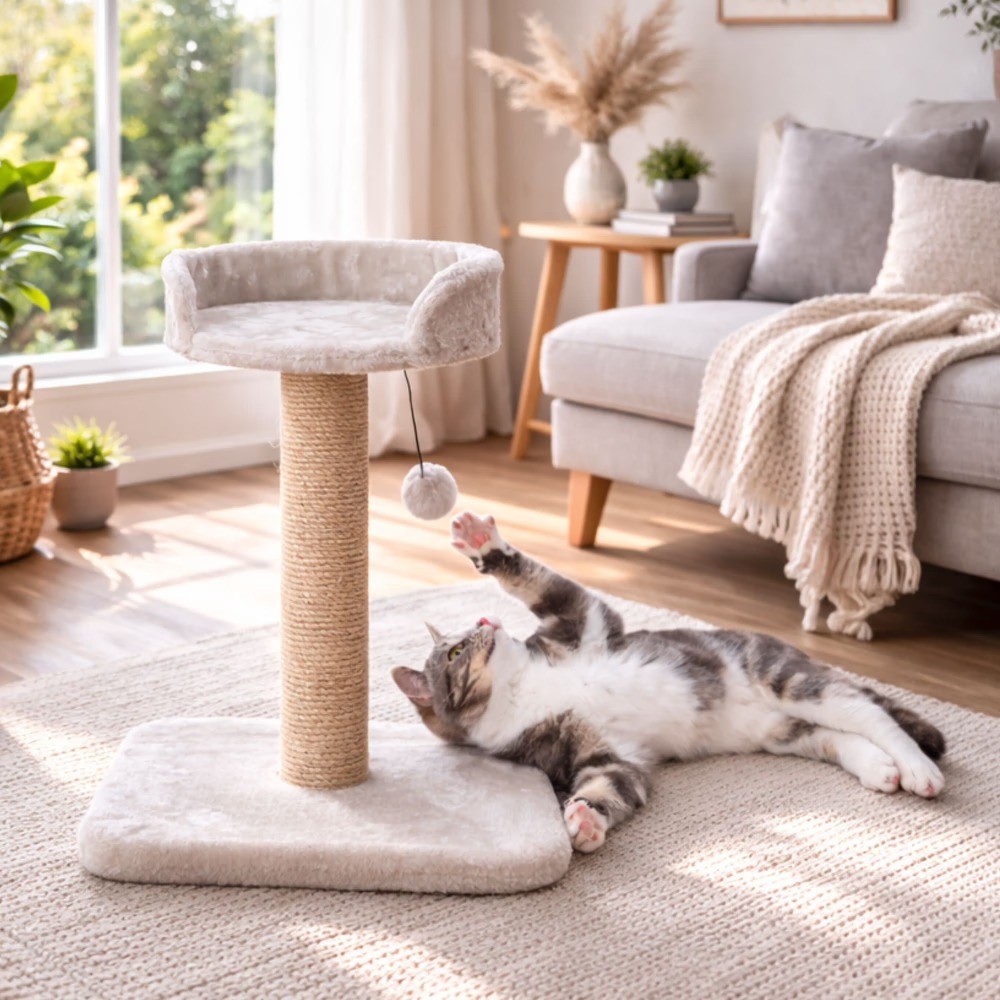Mica Sisal 18" Cat Scratching Post with Plush Platform, Light Gray-Greige