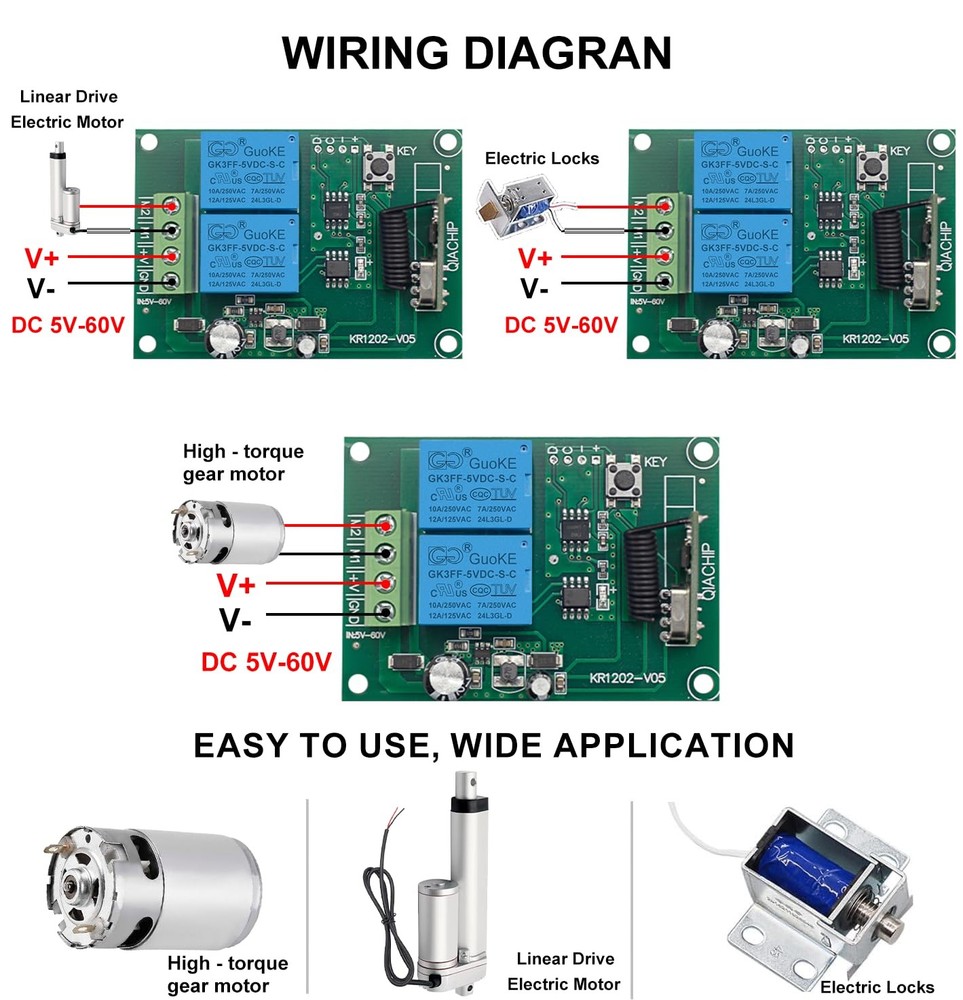 DC 5V-60V Motor RF Remote Control, KR1202, Forward, Reverse, 433Mhz, Relay