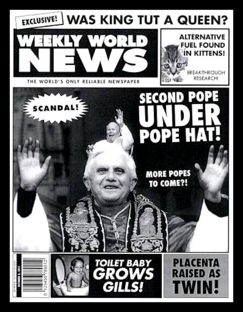 4.75" Funny tabloid vinyl sticker. Shocking! "Second Pope Under Pope Hat" decal.
