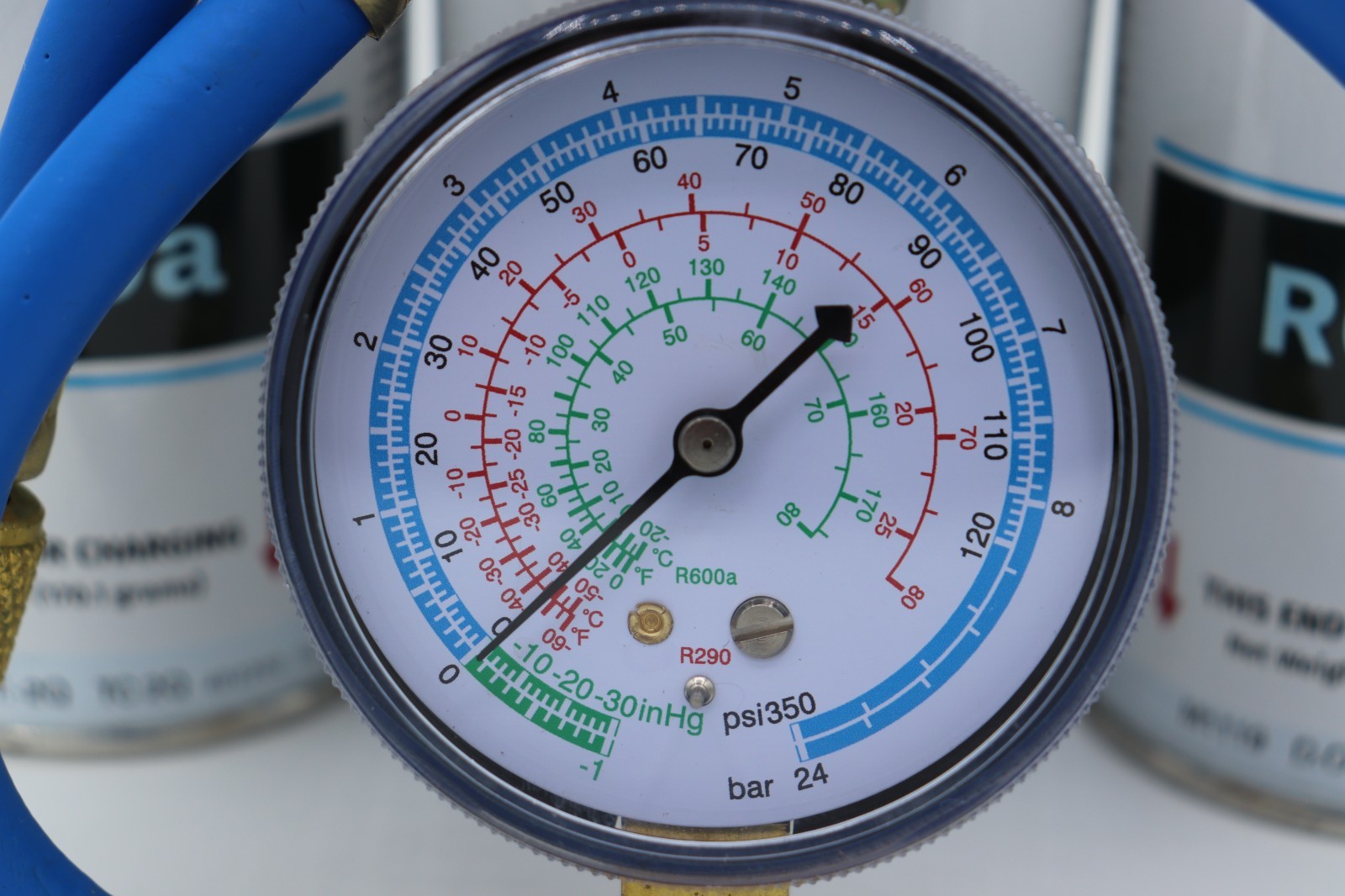 Enviro-Safe R-600a Refrigerant Inverted Piercing 6 oz 8 Cans and Brass Gauge
