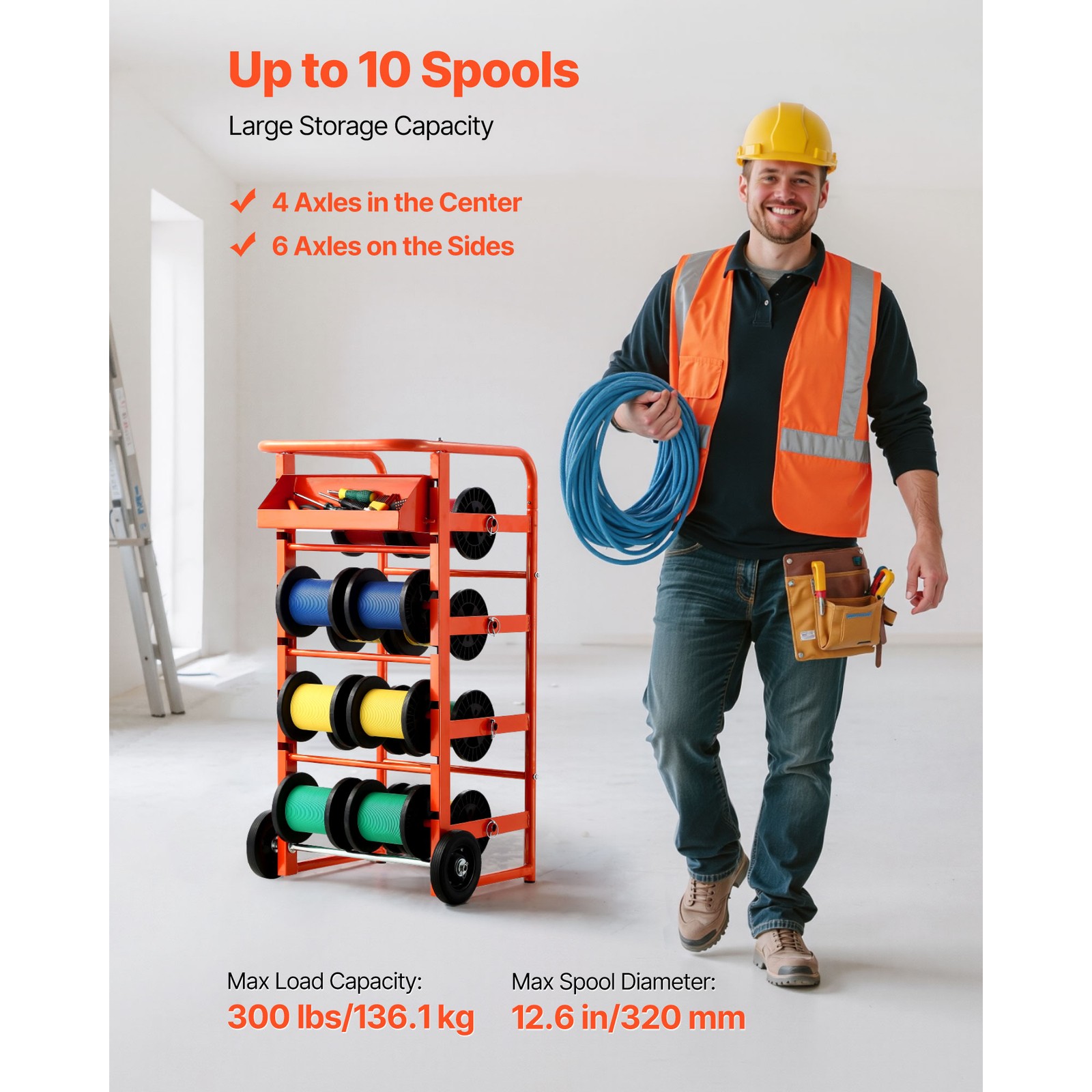 Wire Spool Rack 11 Rods Cable Caddy Wire Spool Cart for Industrial Electrical