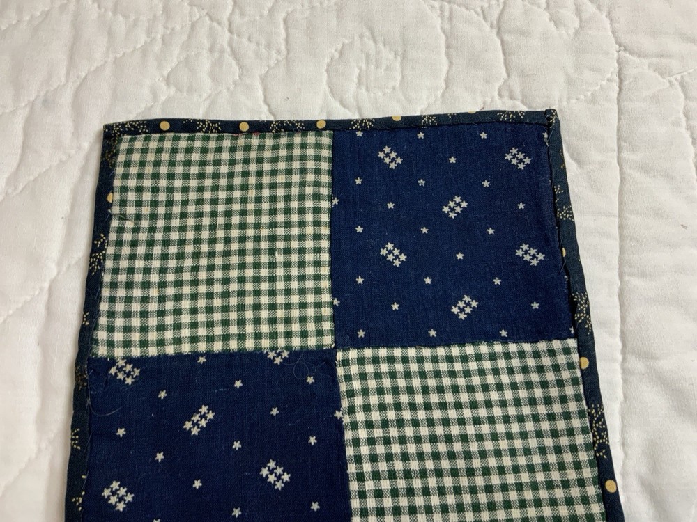 Vintage Patchwork Quilt Table Topper, Early Calicos, Four Patch, Navy, Green