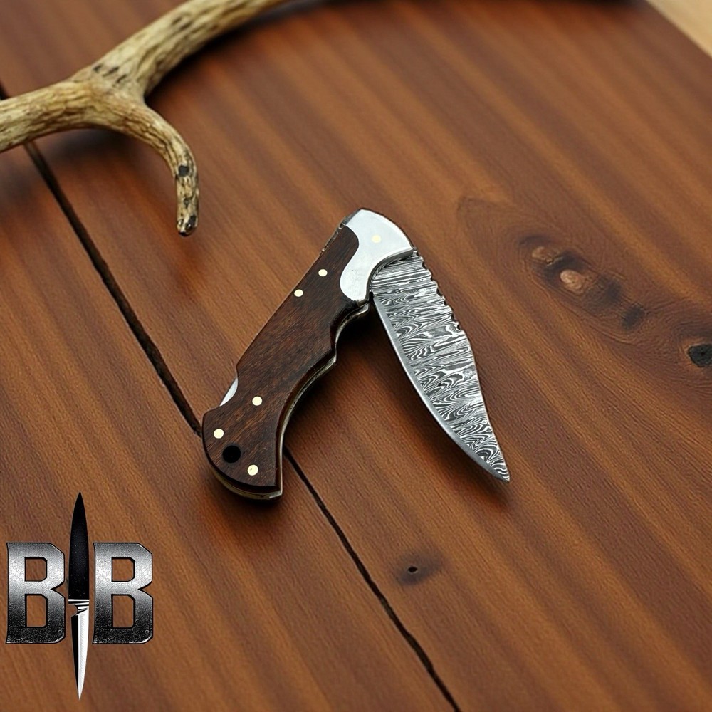 HANDMADE DAMASCUS STEEL FOLDING BLADE POCKET KNIFE WOOD HANDLE