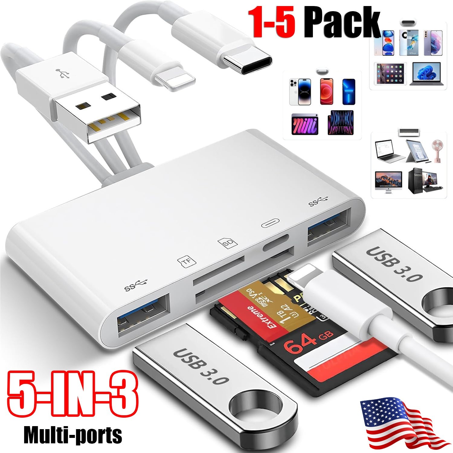 5 in 1 Memory Card Reader USB 3.0 OTG Adapter SD Card Reader For iPhone/iPad LOT