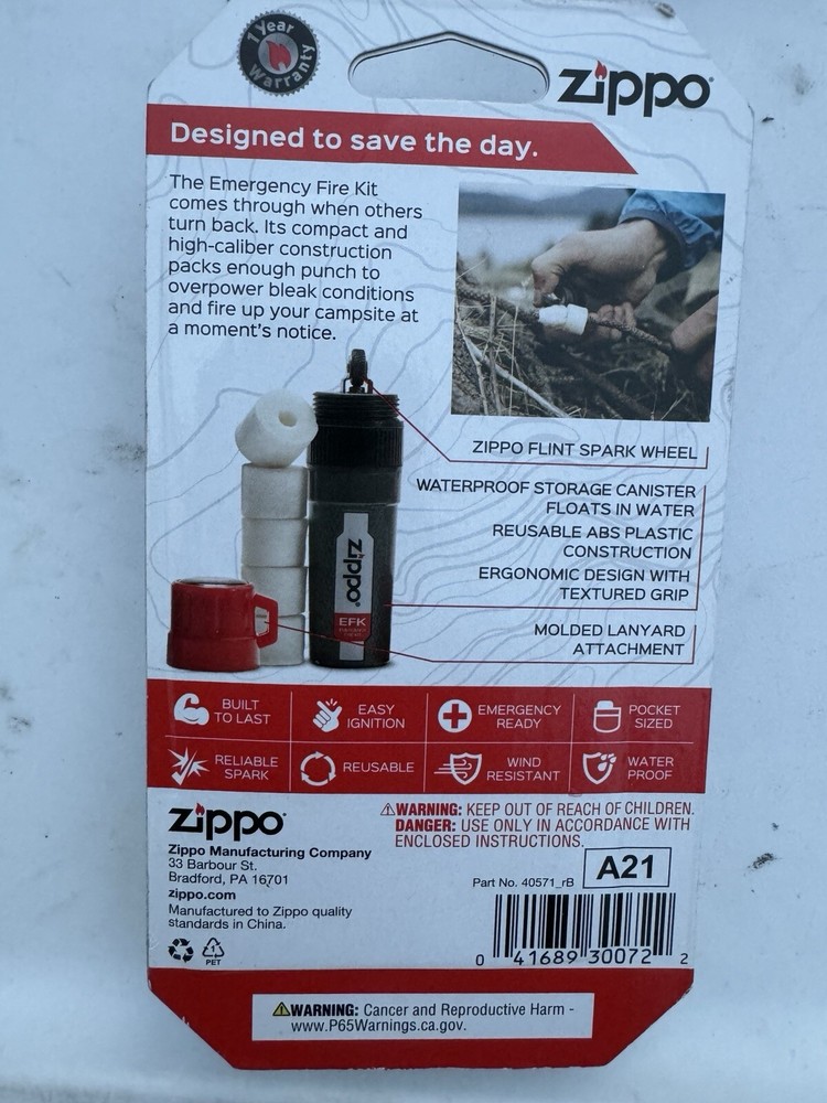 Zippo Reusable Durable Lightweight Compact High Caliber Emergency Fire Kit