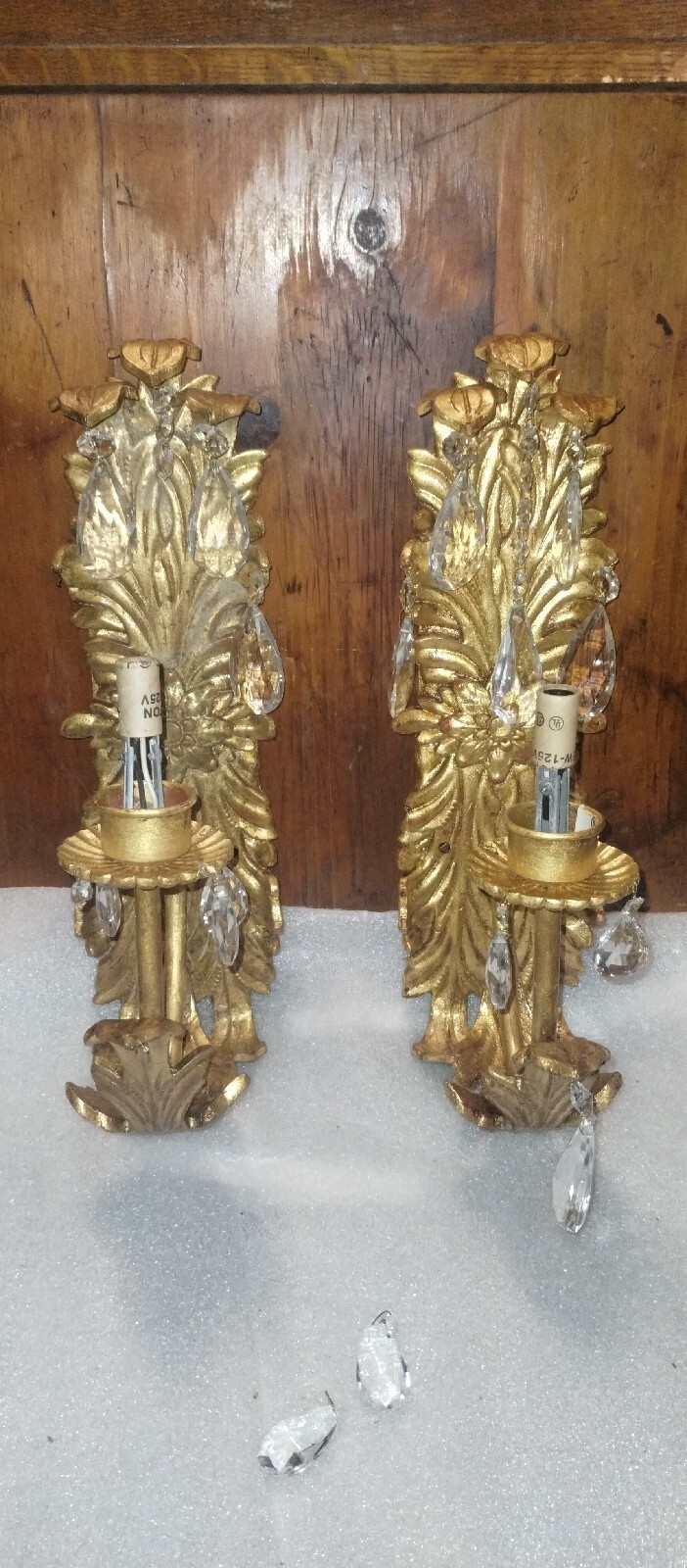 Hollywood Regency Gold Gilt Wall Sconces w/ Crystals – Ornate Electric Pair