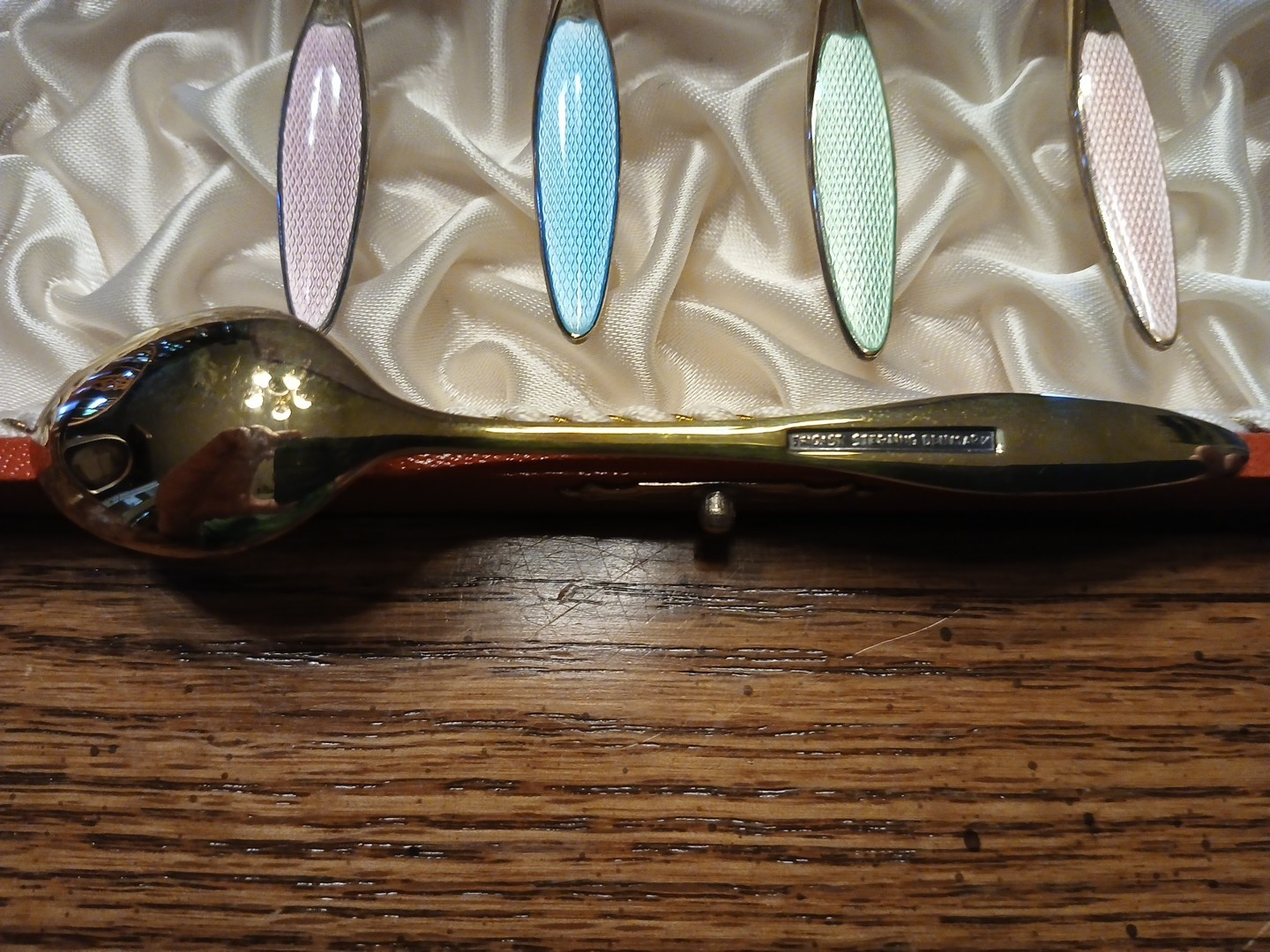 FRIGAST Denmark Box Set of 6 Sterling Silver Guilloche Enamel Demitasse Spoons