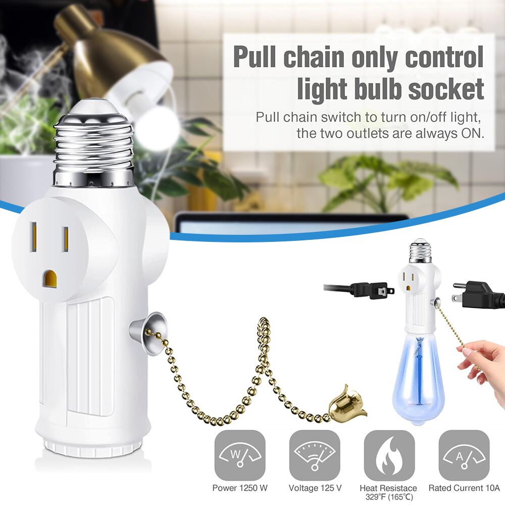 2 Pack E26 Light Bulb Socket Adapter With 2 AC Outlet Plug And Pull Chain Switch