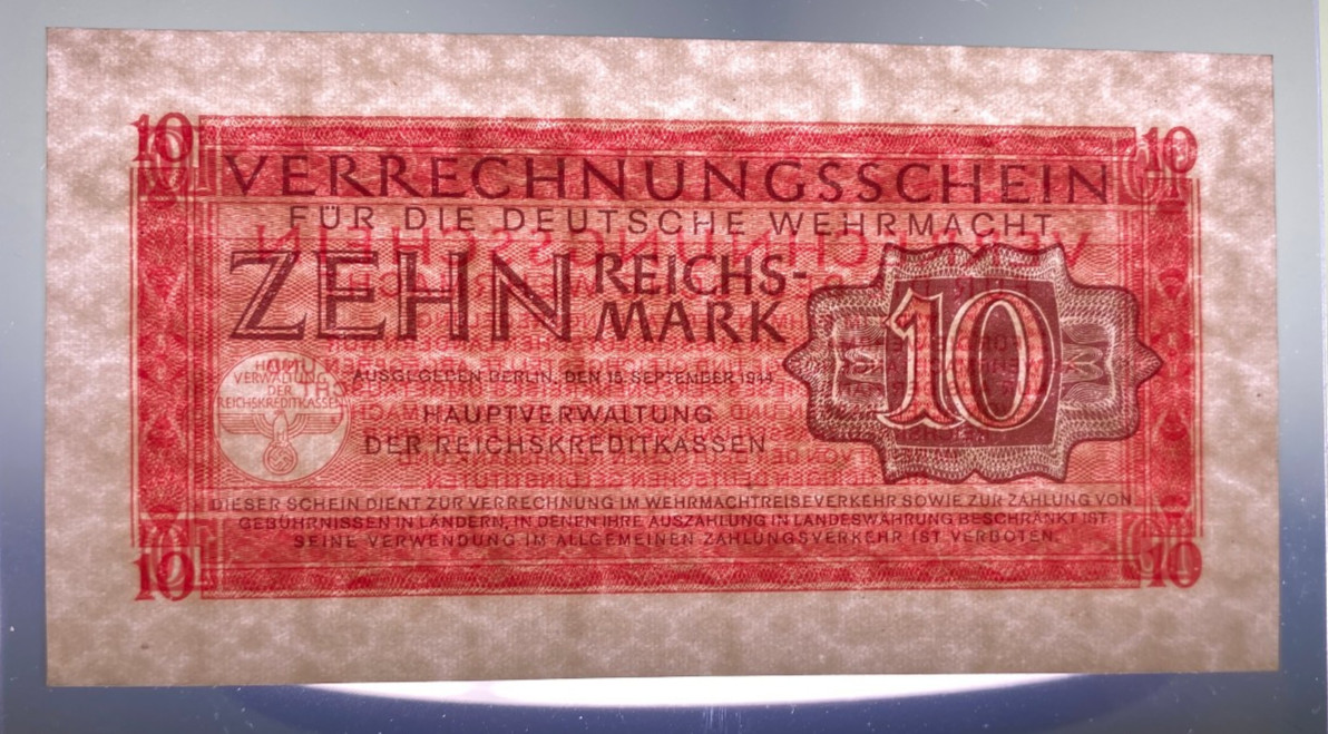 Germany WWII Era Third Reich Nazi Wehrmacht 10 Reichsmark 1944 UNC Military Note
