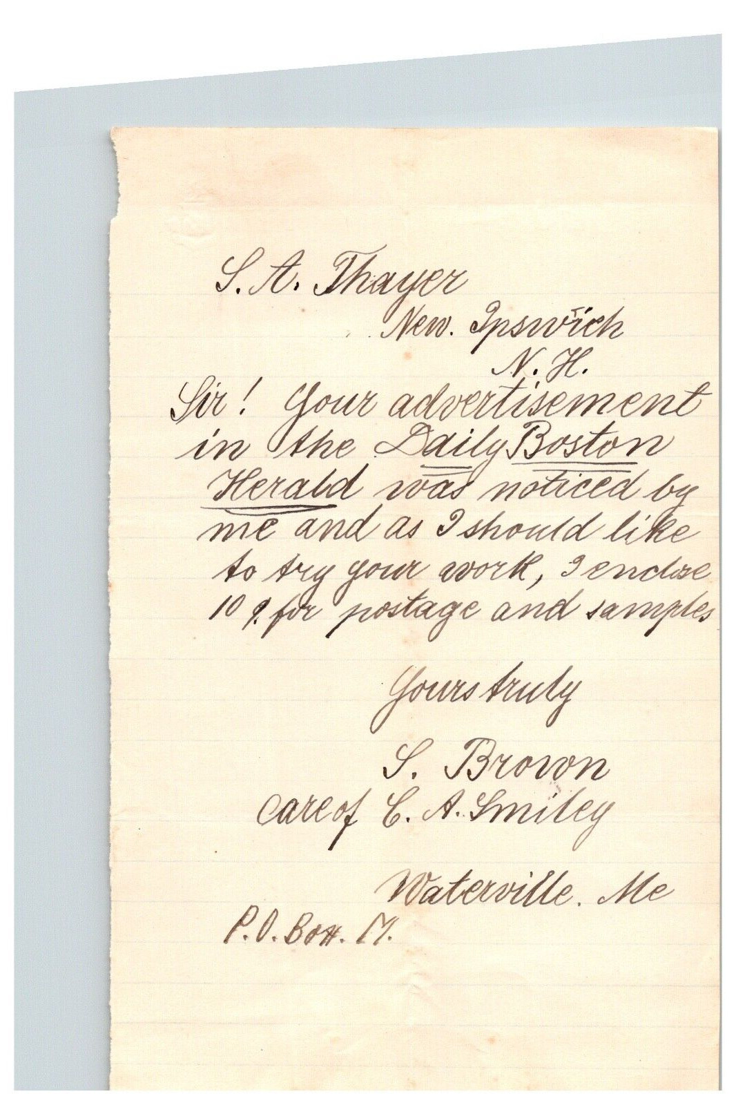1885 Handwritten Letter L Brown Family History Waterville ME Maine