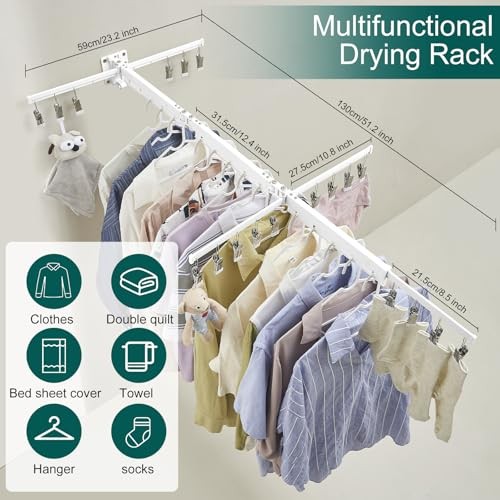 White Clothes Drying Rack Retractable Foldable Wall Mounted, Tri-Fold Space