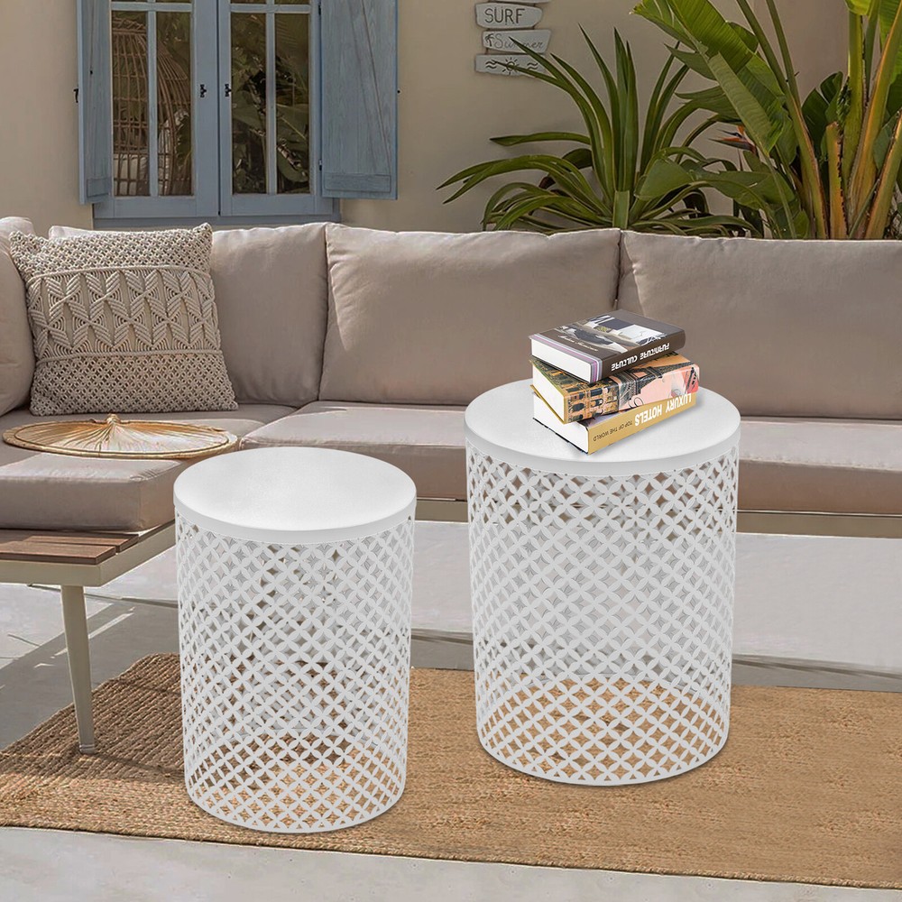 2PCSModern In/Outdoor Side Table Metal Frame Accent Table Round End Table Decor