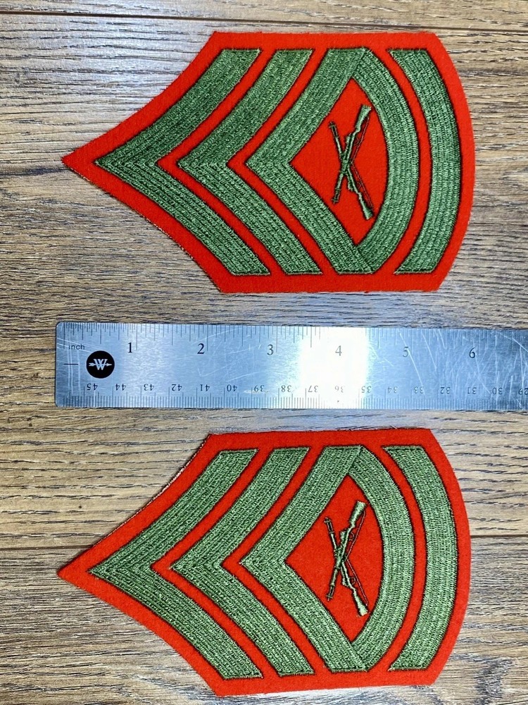 USMC Marines Chevron ~ Gunnery Sergeant (GySgt) ~ E7 ~ Patch Set ~ Green on Red