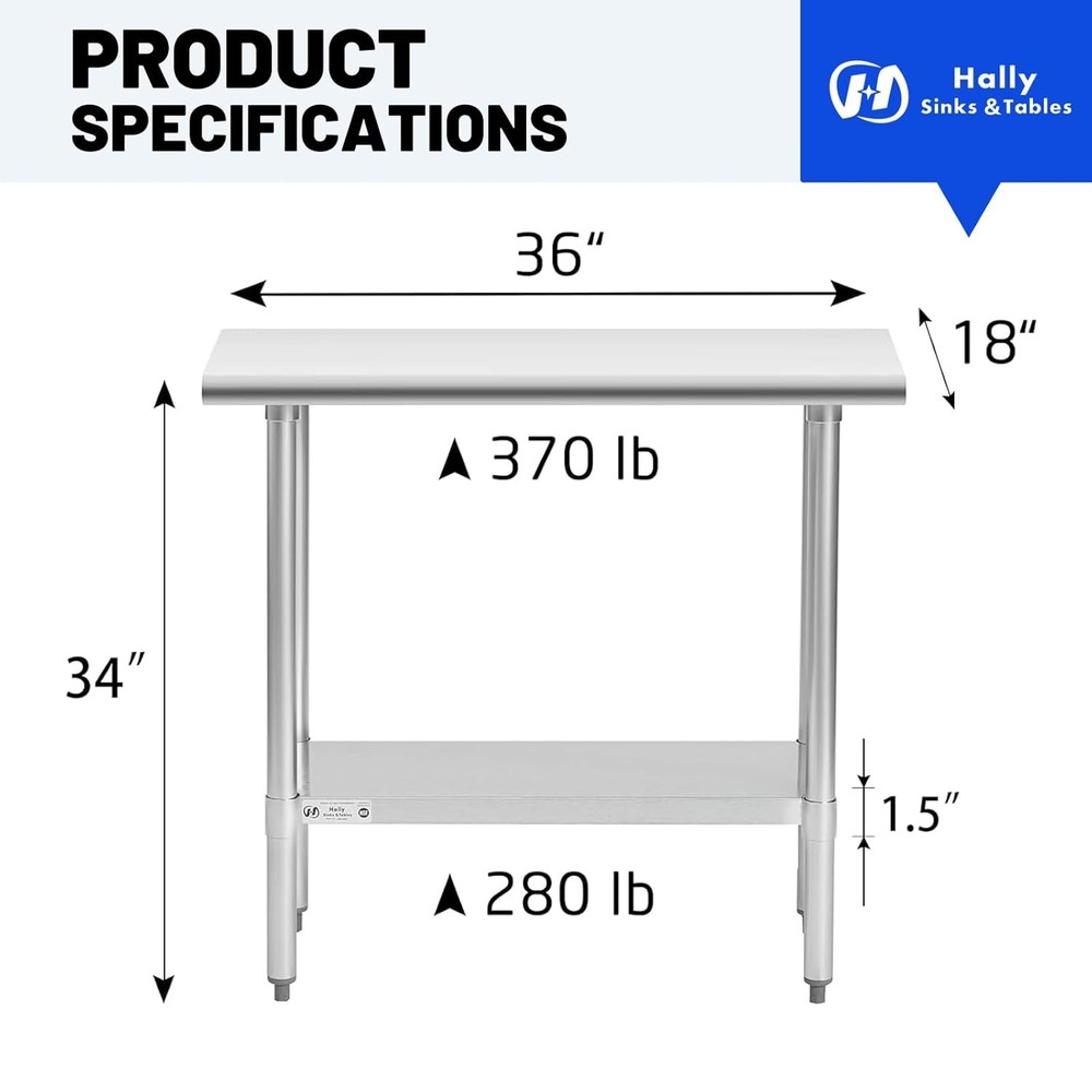 18" x 36" Stainless Steel Work Table Prep Kitchen Commercial Adjustable Shelf