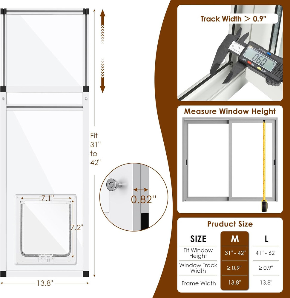 Vertical Cat Door for Window,31"-42" Adjustable Height,1-Min Install | 4 Locking