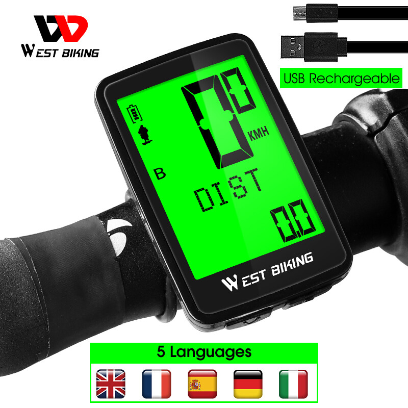WEST BIKING USB Rechargeable 5 Languages Wireless Waterproof Bicycle Computer