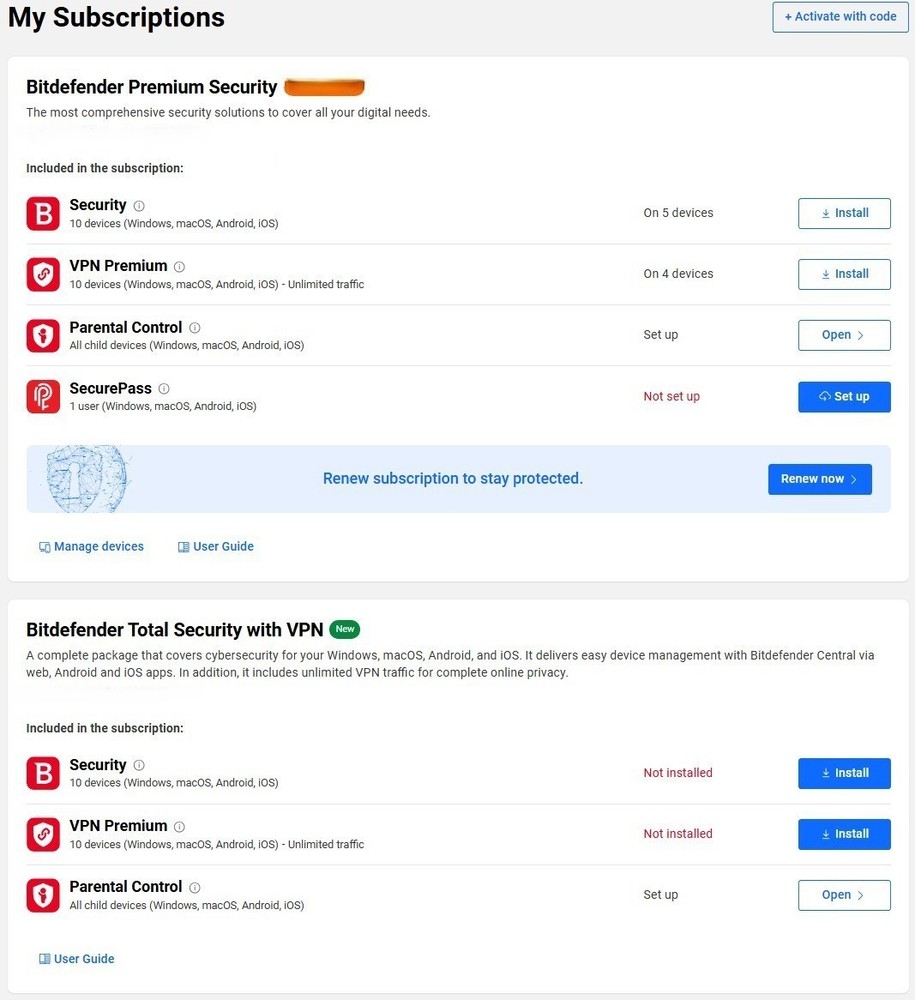 Bitdefender Total Security with VPN - 1 Year 5 Devices/ subst. Premium Security