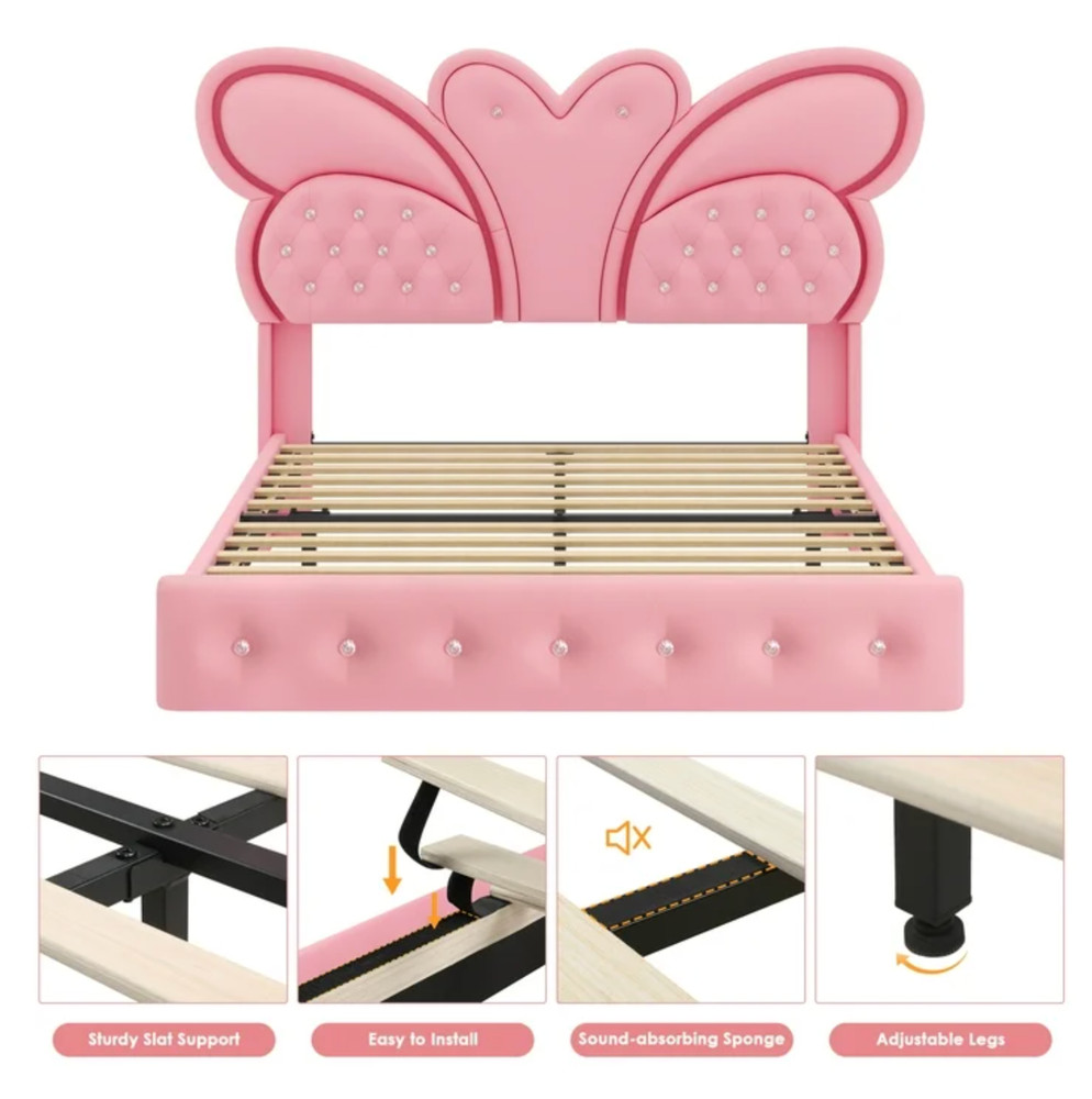 Platform Bed Frame Full Size Butterfly LED Adjustable Headboard for Kids Pink