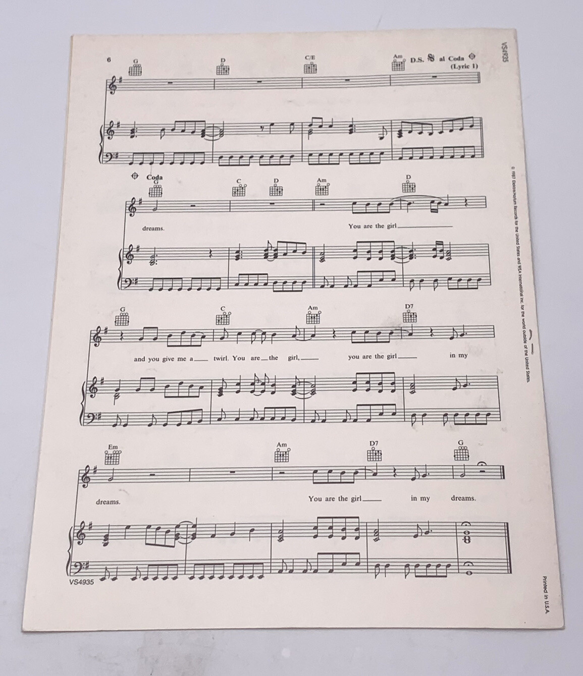 THE CARS "YOU ARE THE GIRL" SHEET MUSIC-1987-EXTREMELY RARE