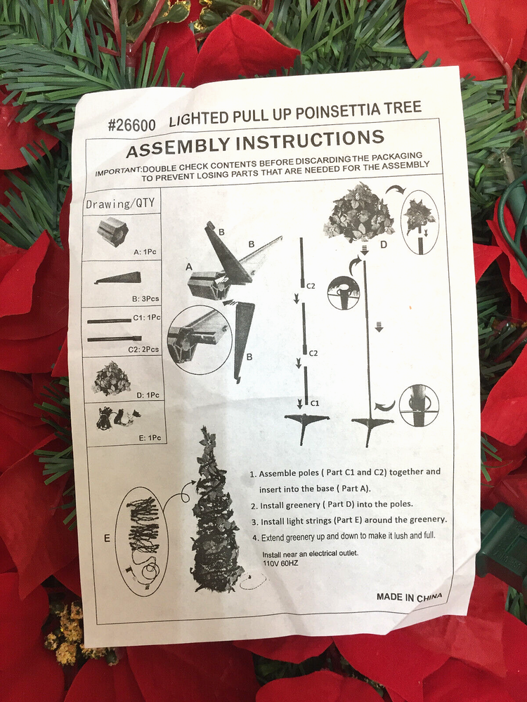 4 Ft Tree Red Pointsettia Lighted Pull Up Collapsible Base Lights Table Top NIP