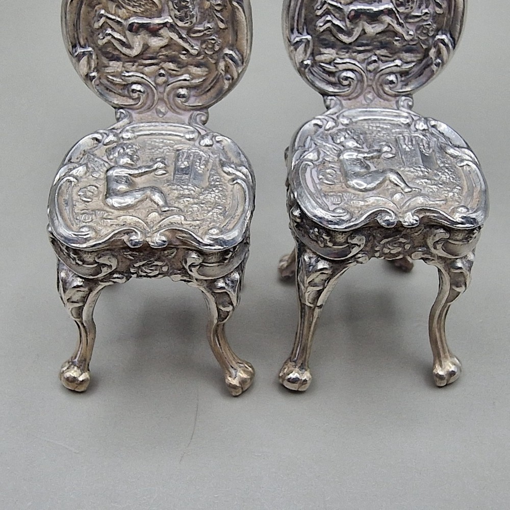 Vintage Solid Silver Miniature Dollhouse Table & Two Cherub Chairs