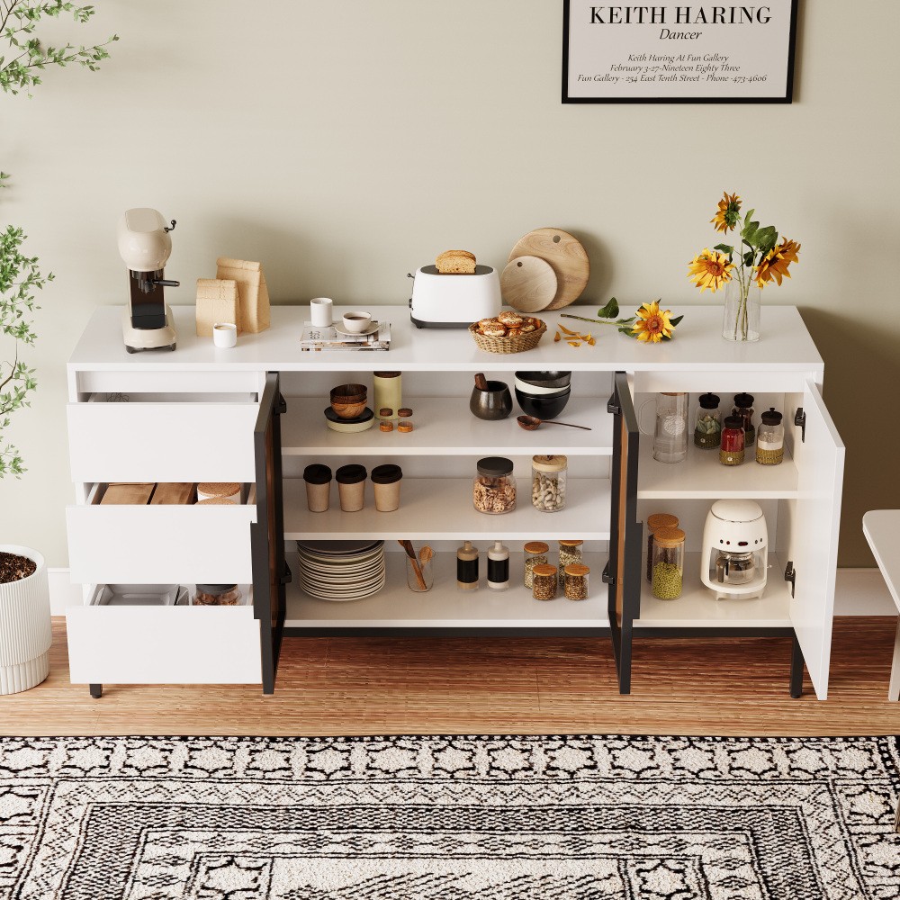 White Buffet Cabinet - Storage, Doors + 3 Drawers, Pantry/Console for Kitchen
