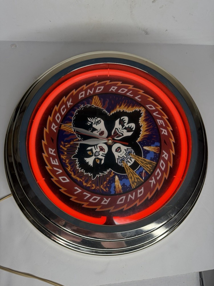 Kiss - Rock and Roll Over Wall Neon Clock ~ Red Light, 15"