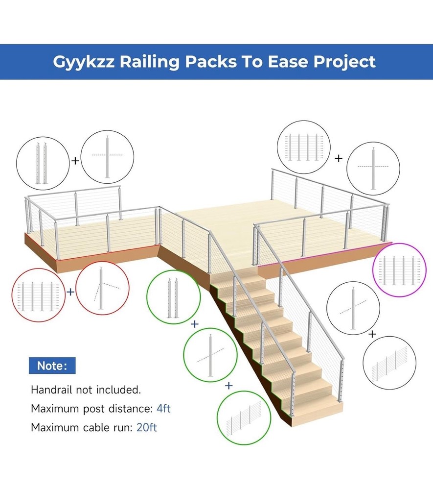 36" One-Stop Cable Railing Post Kits, 4Pack Brushed Finish Level Drilled Line...