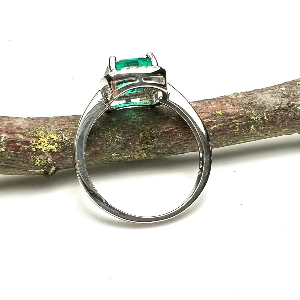 Lab Made Emerald Engagement Ring Solid Sterling Silver 925 , May birthstone