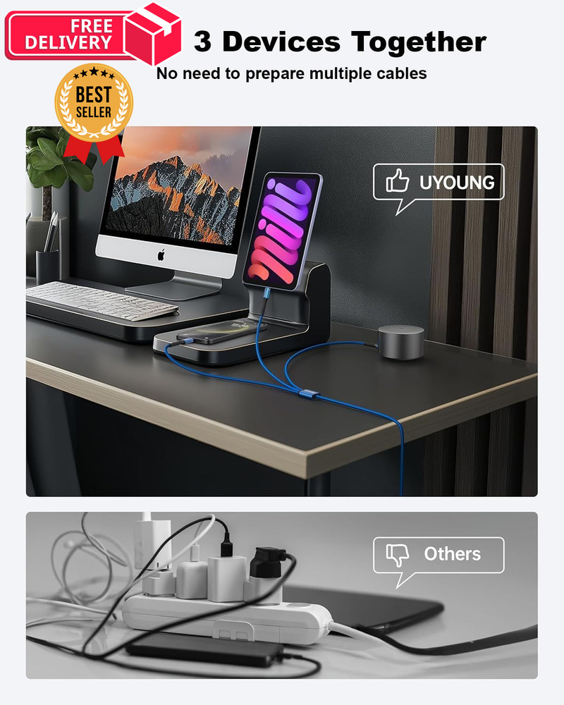 Multi Charging Cable 2Pack 6FT, 3 in 1 Charger Braided Blue