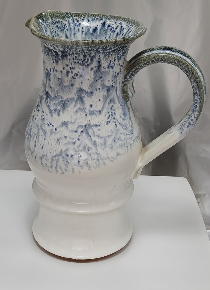 Pitcher Earthenware Pottery Handled White Blue Drip Glaze 9in