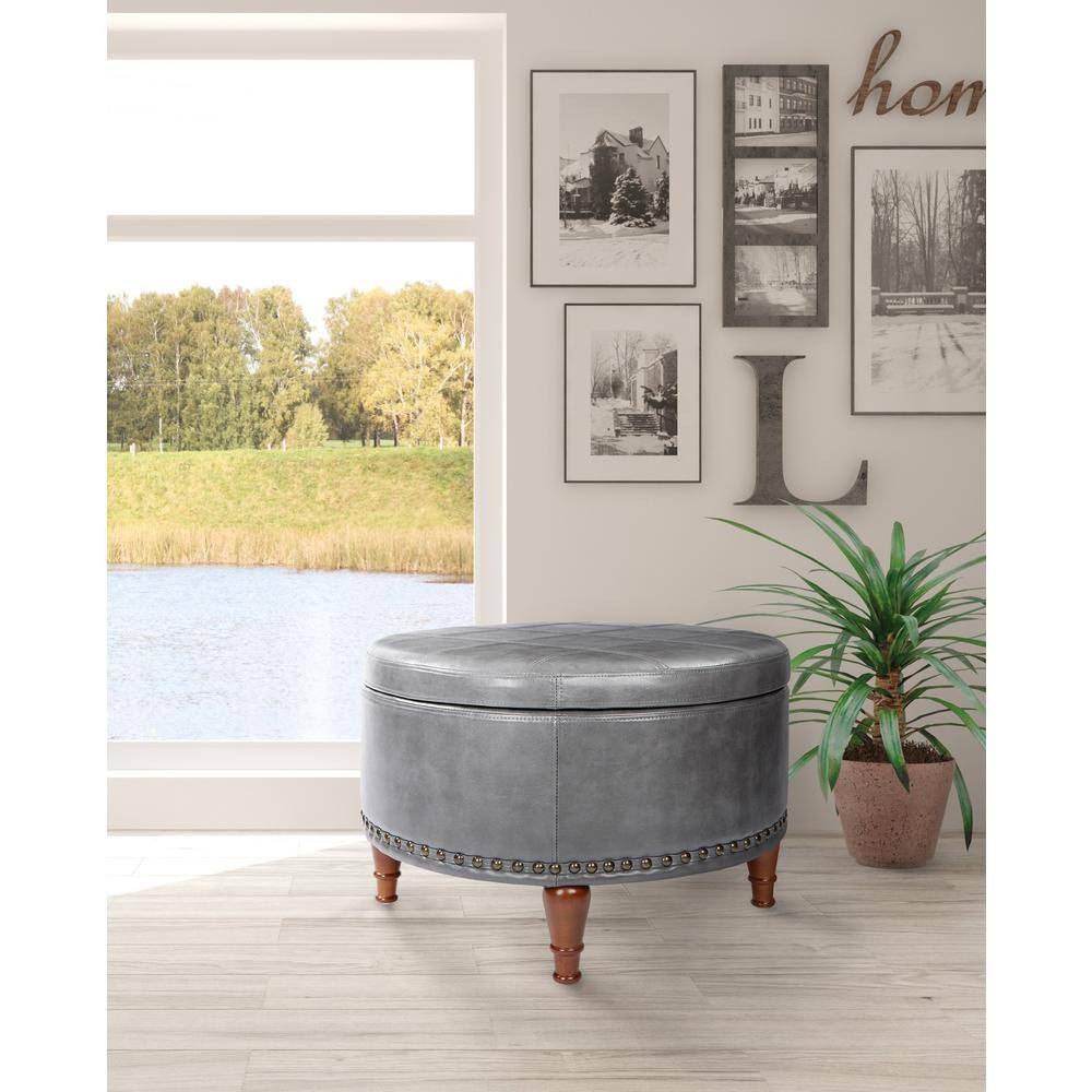 Alloway Pewter Faux Leather with Antique Bronze Nail-Heads Storage Ottoman