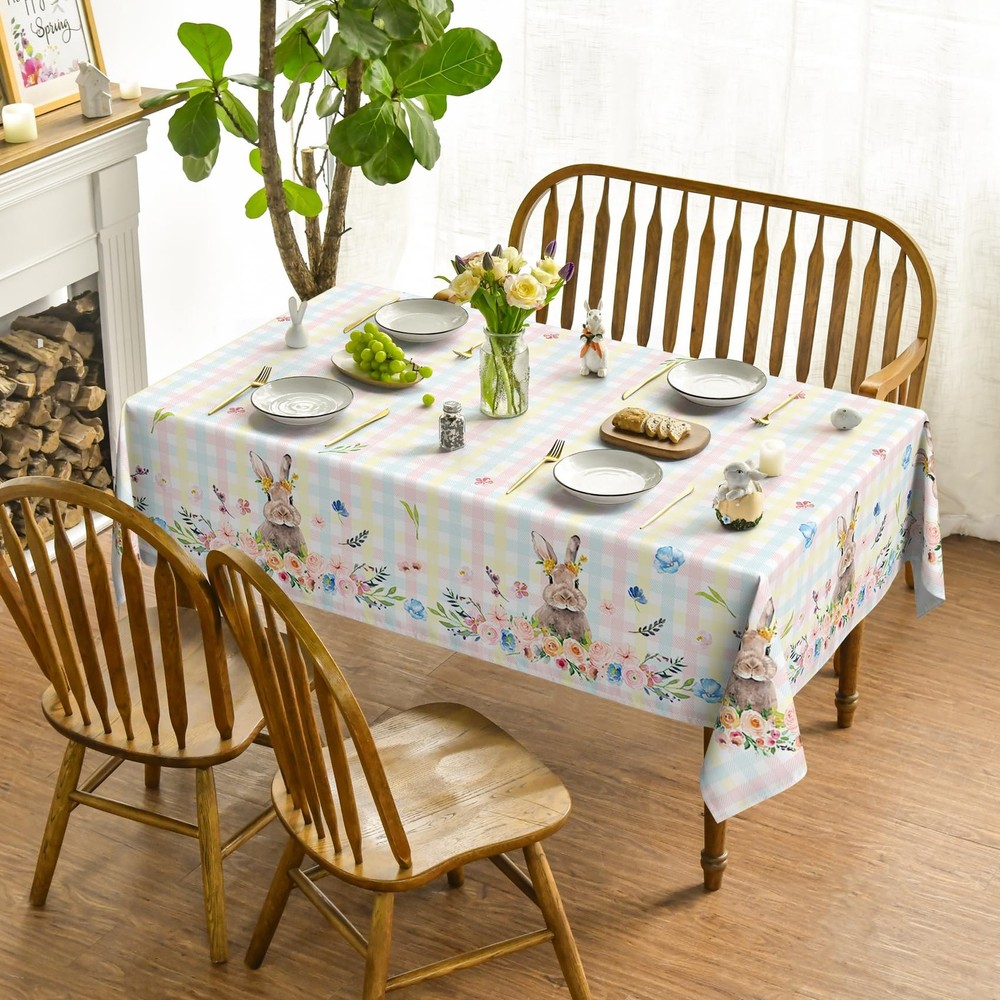 Easter Tablecloth 60×140 Inch Rectangular, Colorful Spring Flower Buffalo Pla...