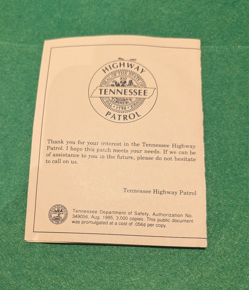 Obsolete Tennessee State Trooper - shoulder patch on a History Card