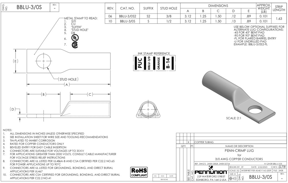 5 PENN UNION Tin-Plated Copper Compression Lugs (TPU 3 ) #BBLU3S