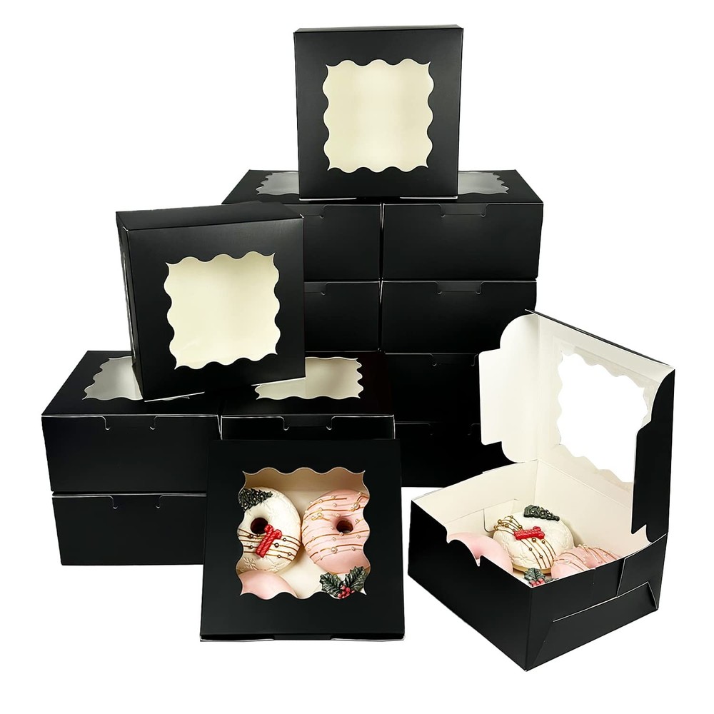 60 PCS 6x6x3 Inch Black Cookie Boxes Window Macaroon Pastry Bakery Case