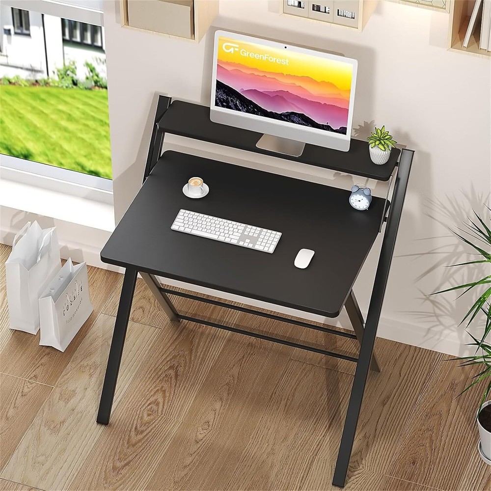 2-Tier Foldable Computer Desk Portable Laptop Study Table with Shelf Home Office