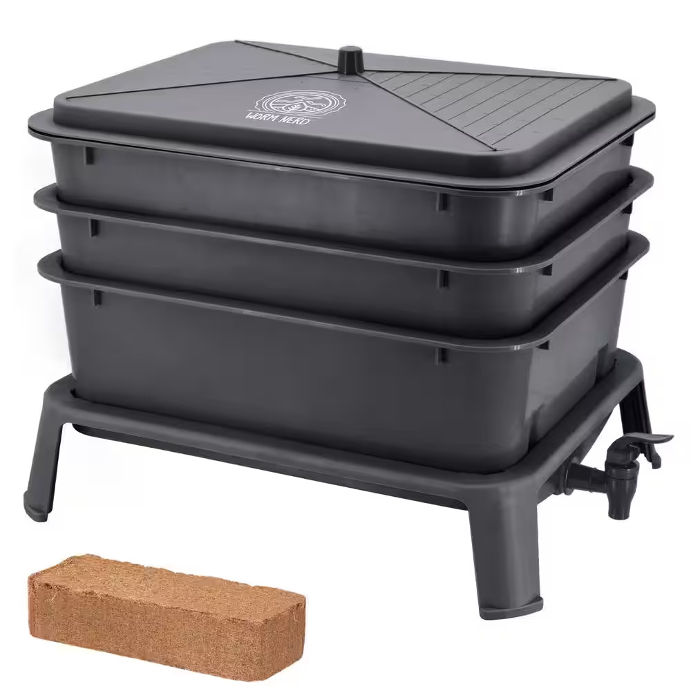Jaylen Worm Nerd Large Black 4-Tray Worm Composting Bin Kit with Coco Coir Brick