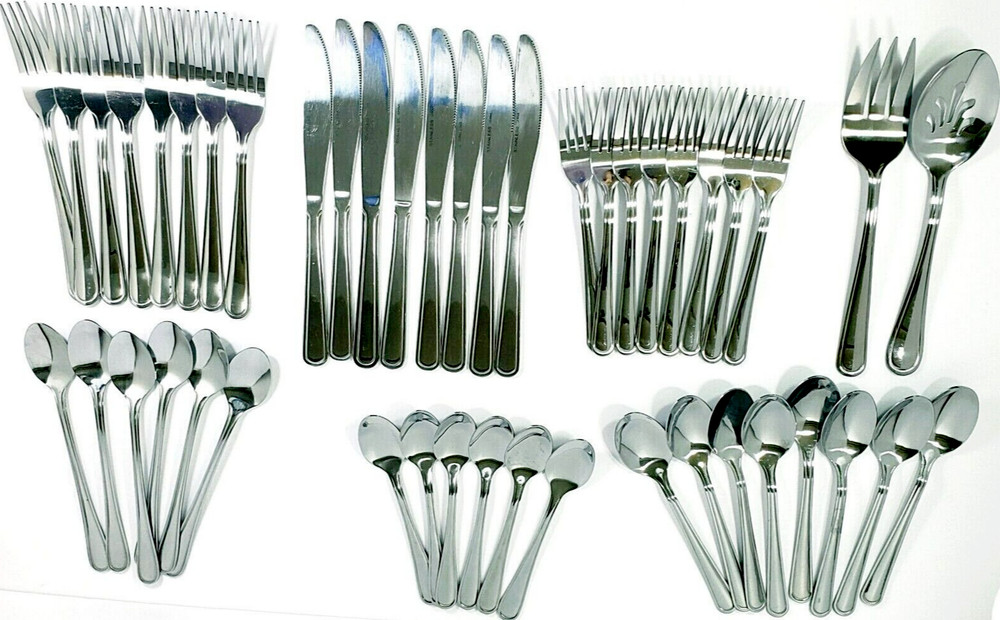 Stainless Steel 46 Pc Flatware Set With Serving Spoon and Serving Fork