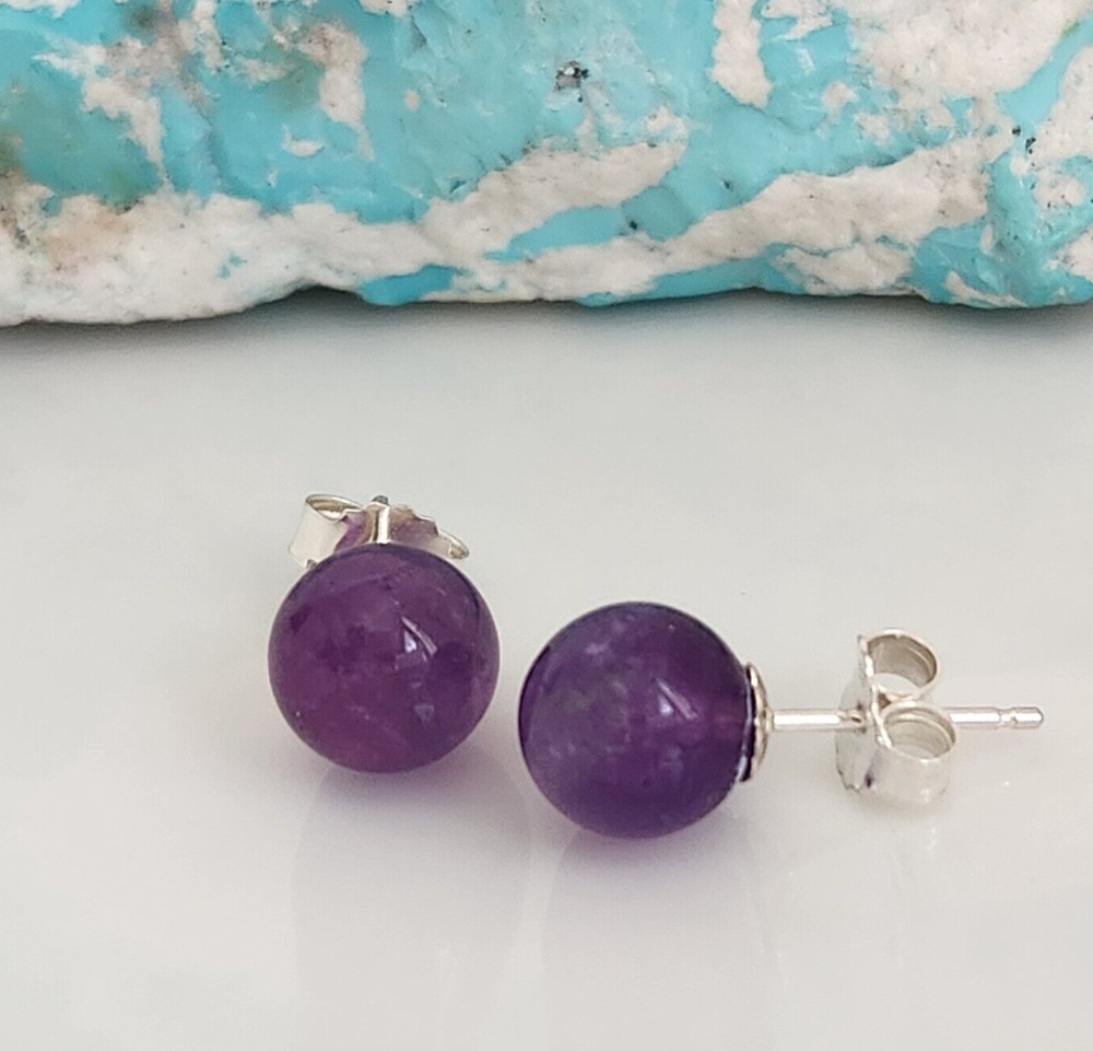 Natural Amethyst 8mm Round Ball Fluted Stud Earrings Solid 925 Sterling Sliver
