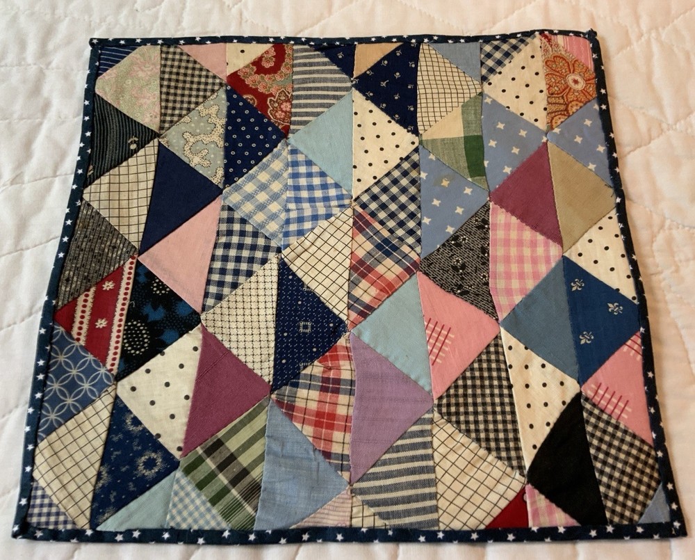 Vintage Antique Patchwork Quilt Table Topper, Early Calicos, Triangles, Multi