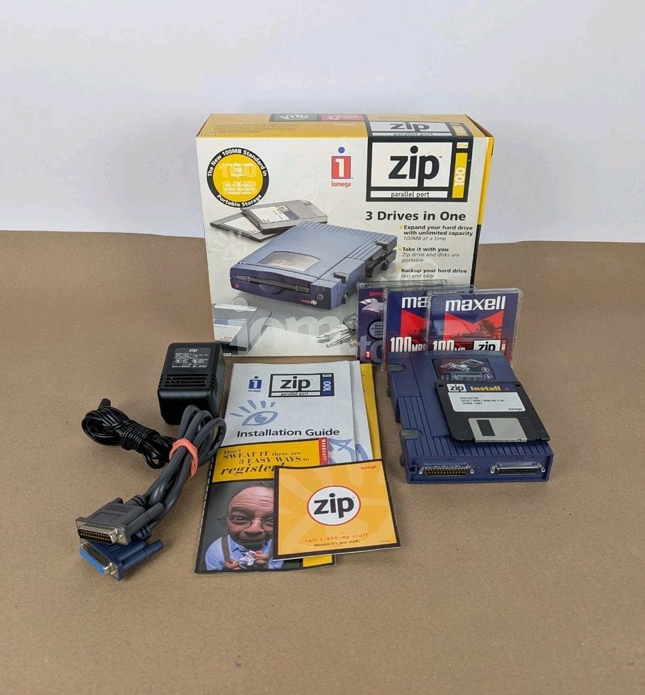 Iomega Zip 100 Parallel Port External Drive System Bundle Z100P2 TESTED VG