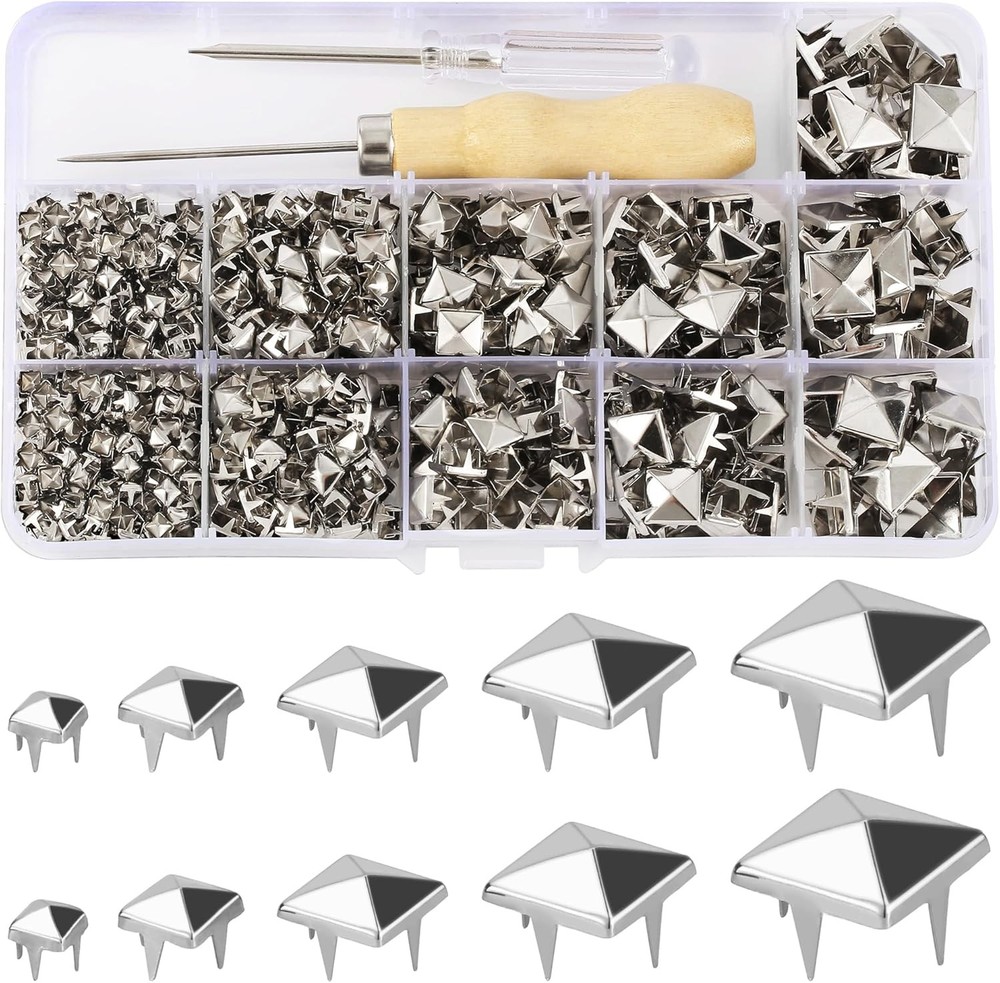 968 Pcs Assorted Sizes Square Pyramid Studs Prong Studs for Clothing Leather Riv