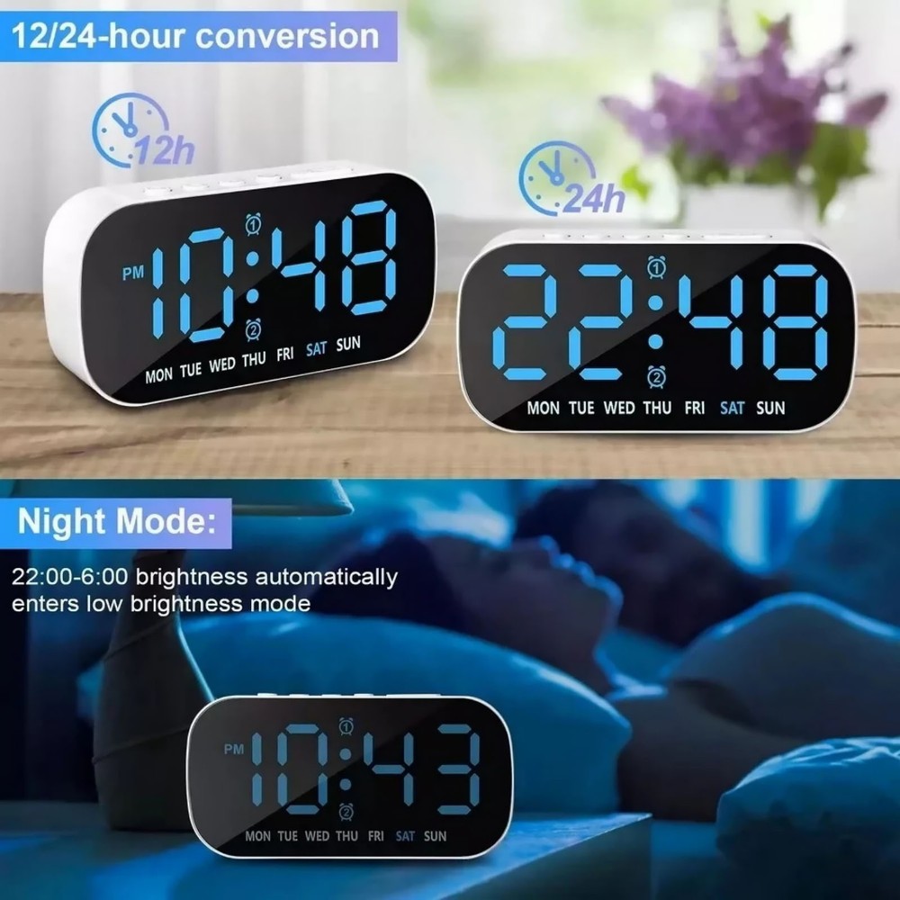 White Large LED Display Electric Digital Alarm Clock With Snooze Function