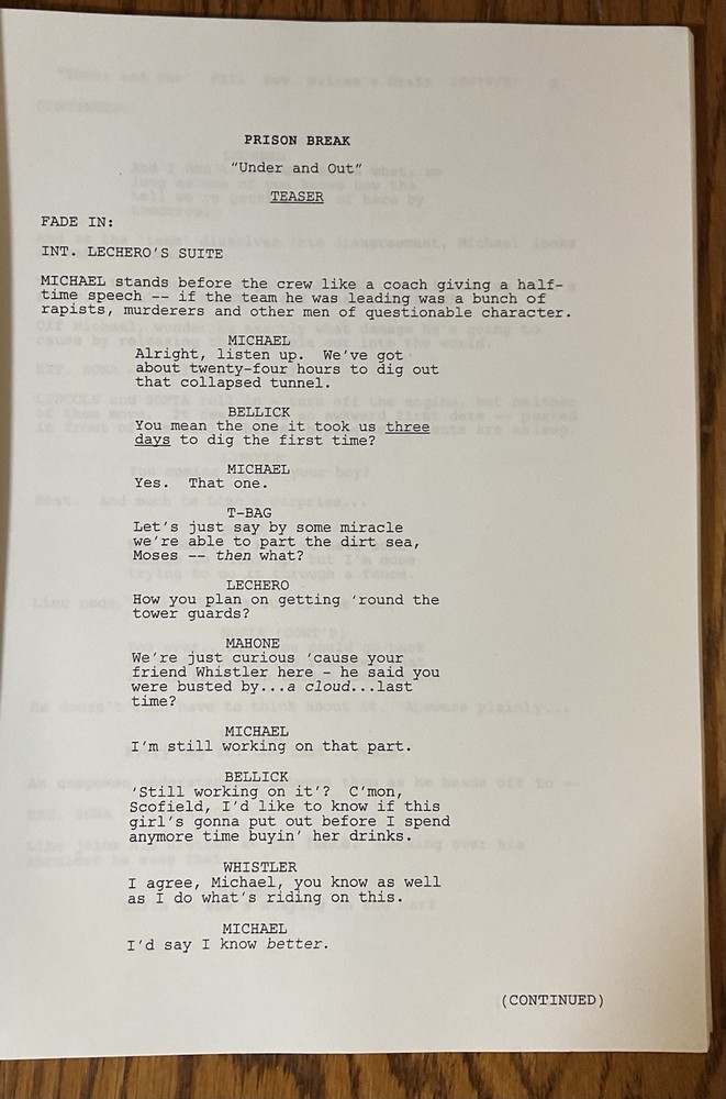 Original Prison Break Revised Writer’s Draft Script #311 “Under And Out” 10/07