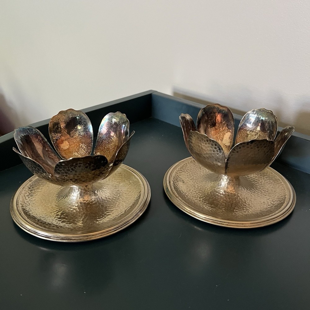 Hammered Metal (silver plate?) Lotus Flower Trinket Bowls Candle Holders On Base
