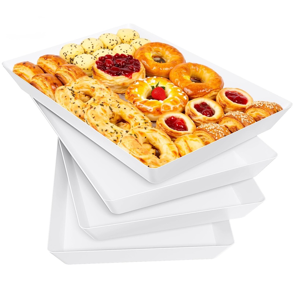 4 PCS Serving Tray Serving Platter Rectangular Plastic Food Display White Stack
