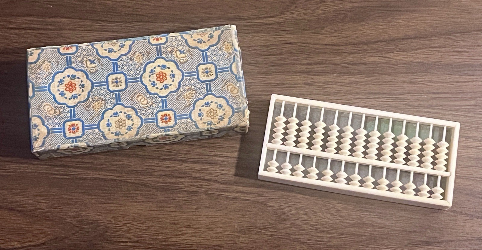 Small Vintage Chinese Abacus Suanpan Painted Glass Fabric Box VGC